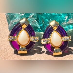 💜 Vintage Statement Clip-On Earrings – Purple Lucite, Faux Pearl & Rhinestones